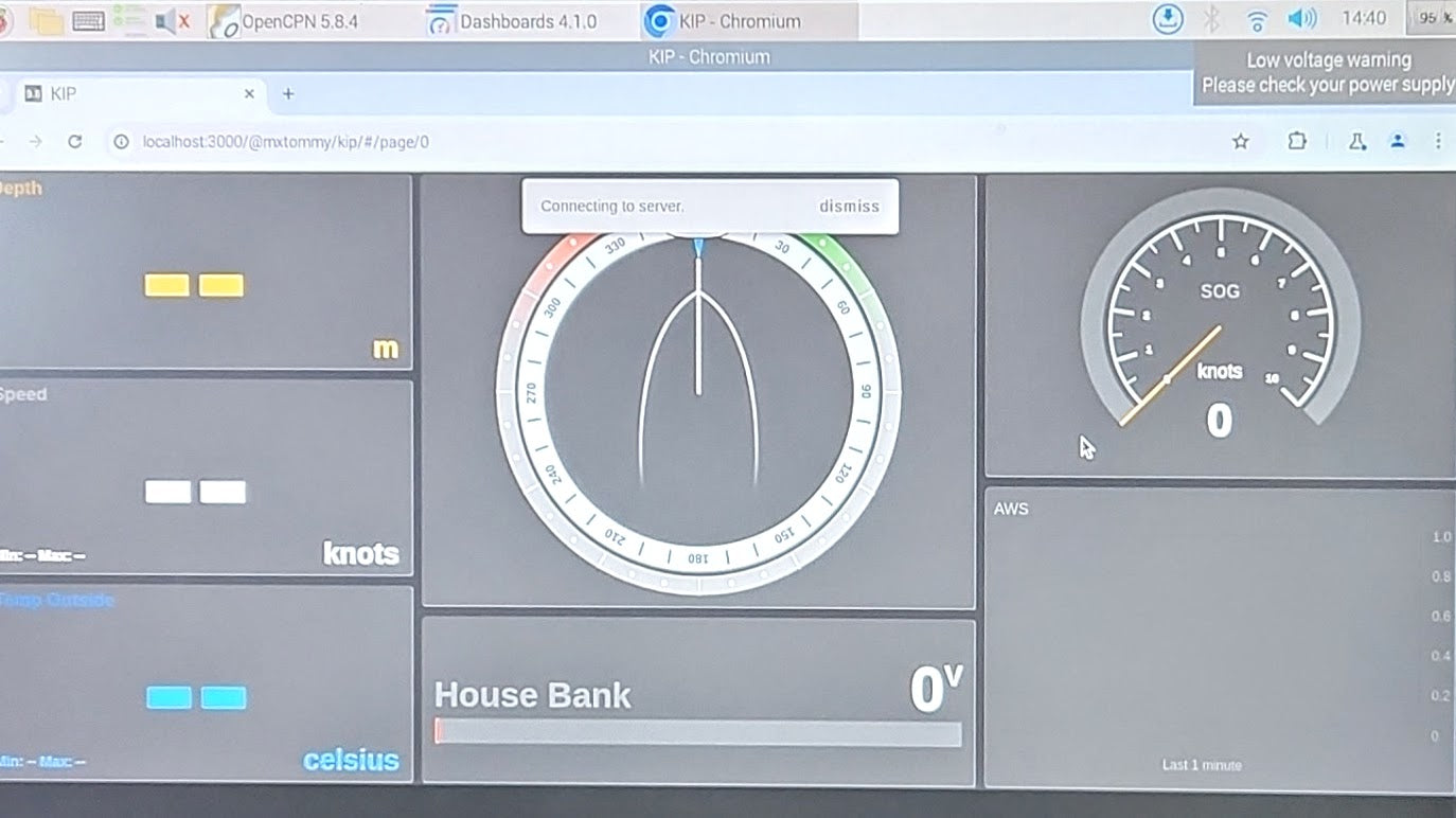 Screenshot of an onboard navigation setup running OpenPlotter, showing live marine data from a sailboat — GPS, AIS, wind, and system info all integrated in a single dashboard.
