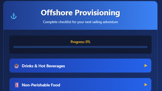 Sailing Religion Offshore Provisioning app with progress bar and food and drink categories for sailors.