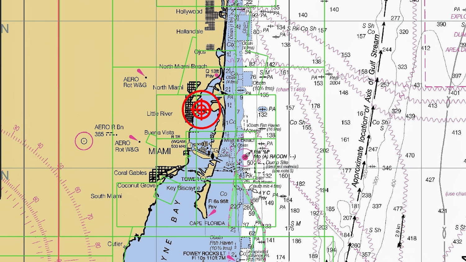 "Nautical chart showing Miami coastline, Biscayne Bay, and the Gulf Stream axis with depth contours, navigation aids, and highlighted target zone offshore."