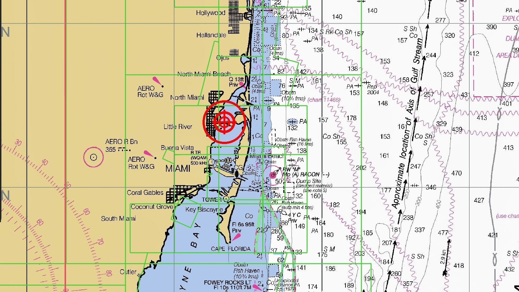 "Nautical chart showing Miami coastline, Biscayne Bay, and the Gulf Stream axis with depth contours, navigation aids, and highlighted target zone offshore."