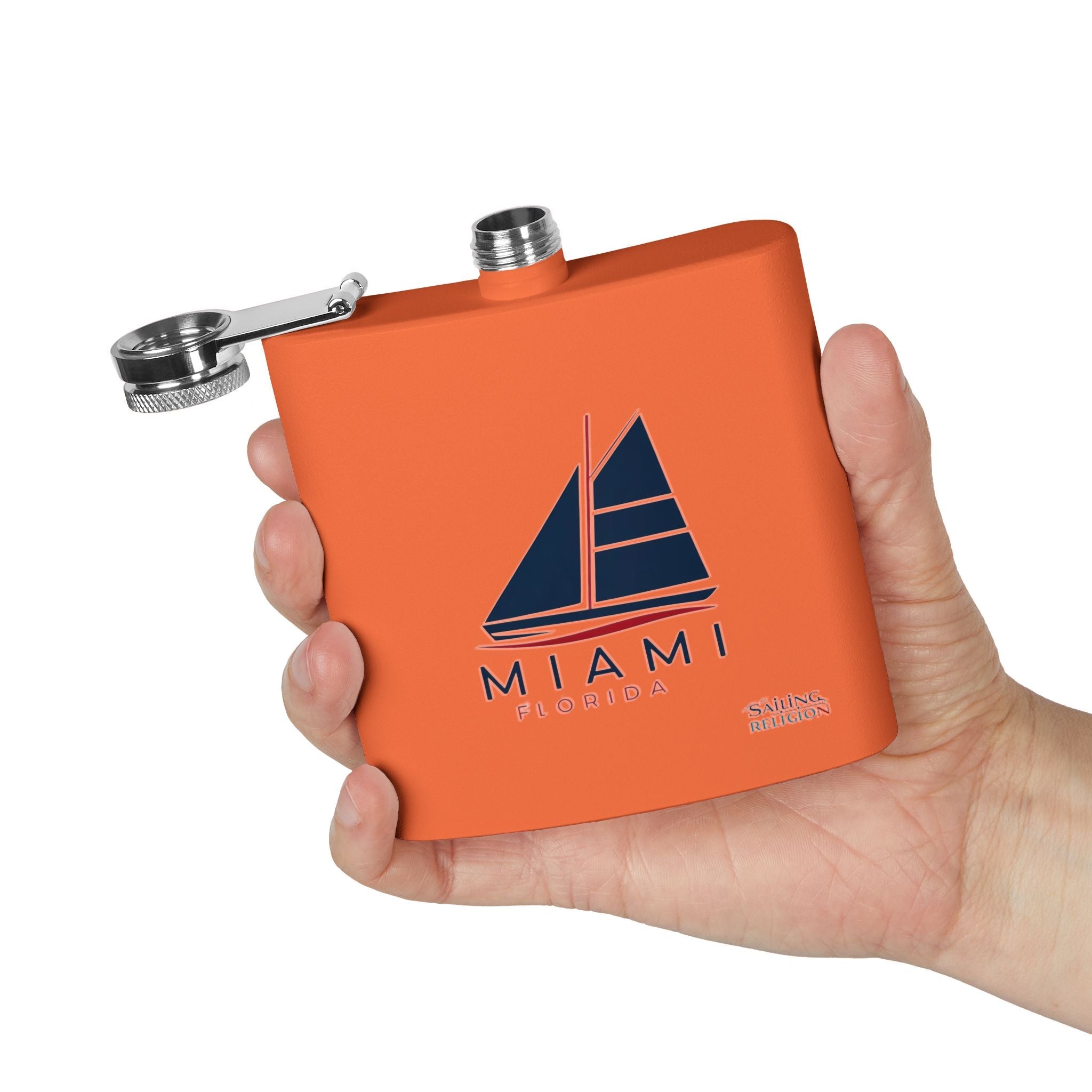 "Orange flask held in a man's hand, featuring a Miami-inspired logo design by Sailing Religion, perfect for nautical adventures and beach days."