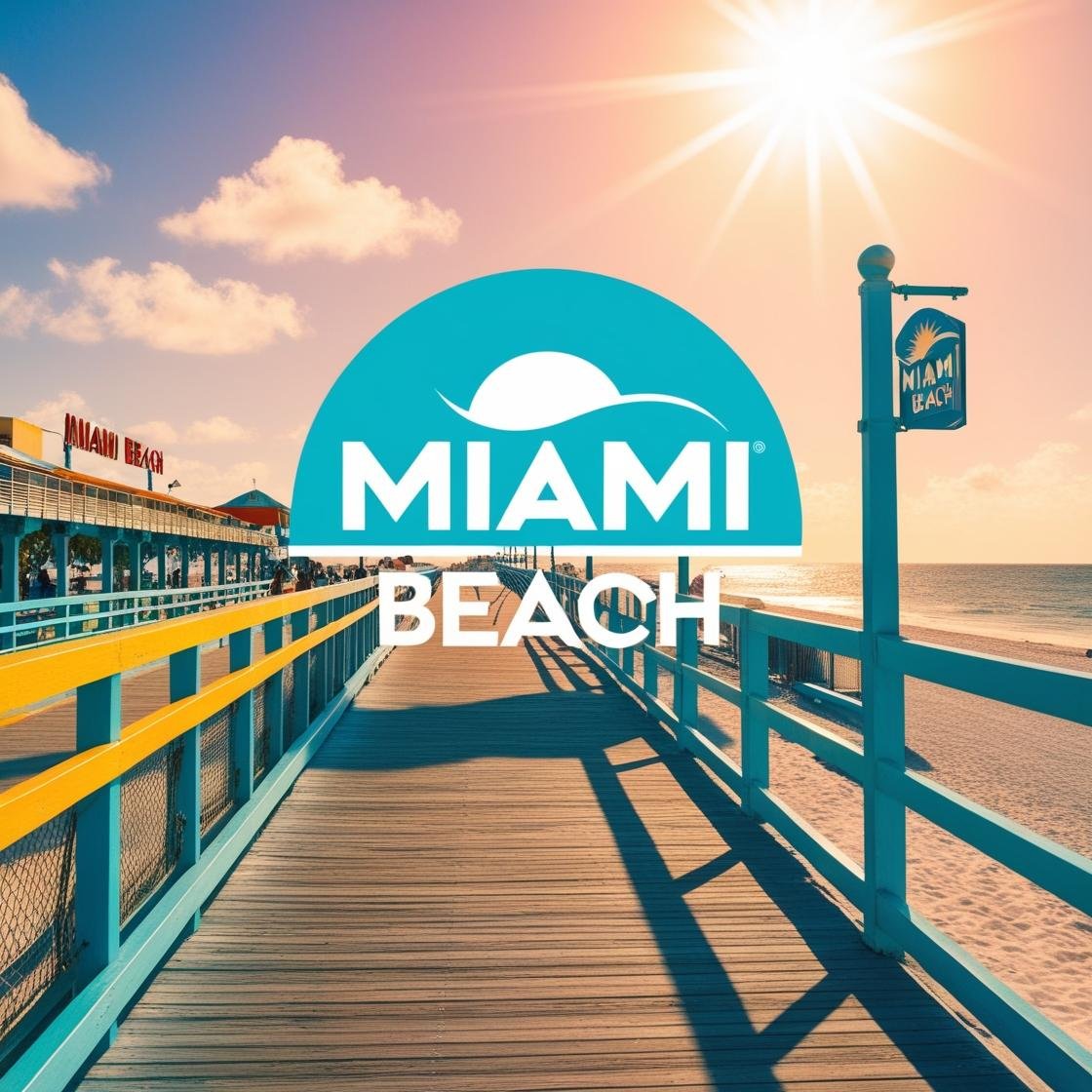 “Scenic Miami Beach boardwalk at sunset with iconic logo, pastel skies, turquoise railings and ocean view – perfect backdrop for the Miami Vibes collection by Sailing Religion, inspired by Florida’s coastal lifestyle and tropical freedom.”
