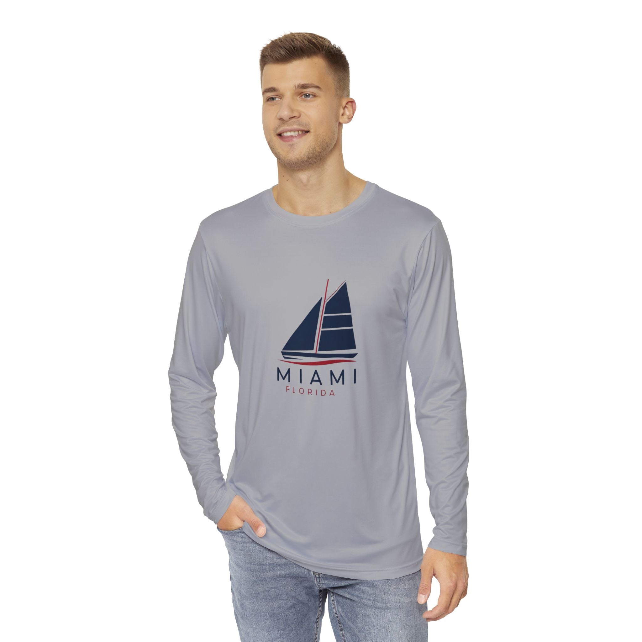"Man wearing a long-sleeve shirt featuring a Miami-inspired logo by Sailing Religion, combining nautical style and comfort. Perfect for sailors and Miami beach enthusiasts."