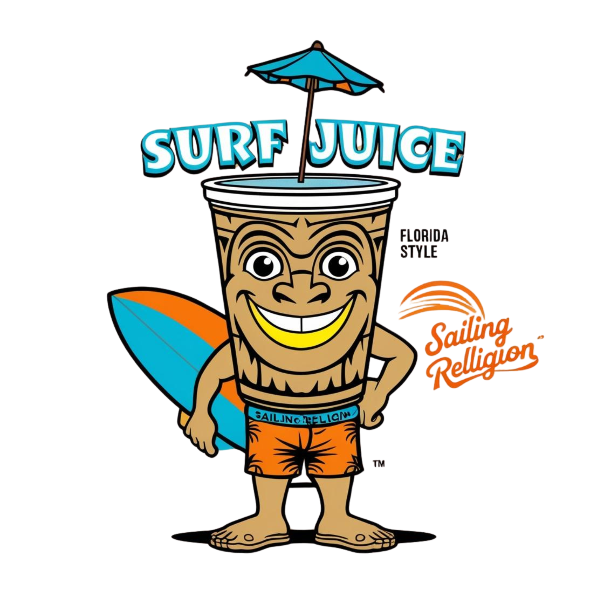 “Surf Juice mascot illustration by Sailing Religion – tropical drink character with surfboard, tiki-style face, beach shorts, umbrella lid, and 'Florida Style' branding. Nautical streetwear vibe from Florida-based lifestyle brand.”