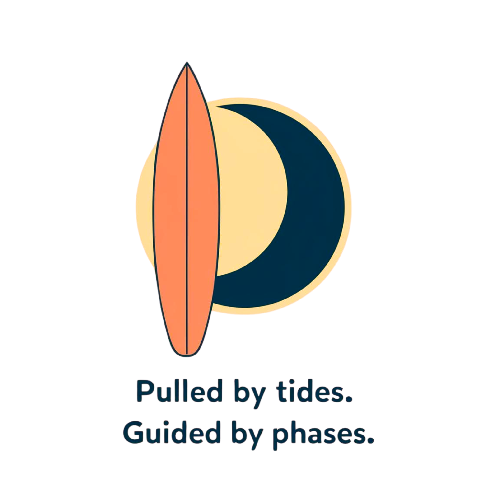 "Surfboard design featuring a moon and tide theme with the phrase 'Pulled by tides. Guided by phases.' Perfect for Sailing Religion apparel, capturing the essence of nautical lifestyle and ocean inspiration."