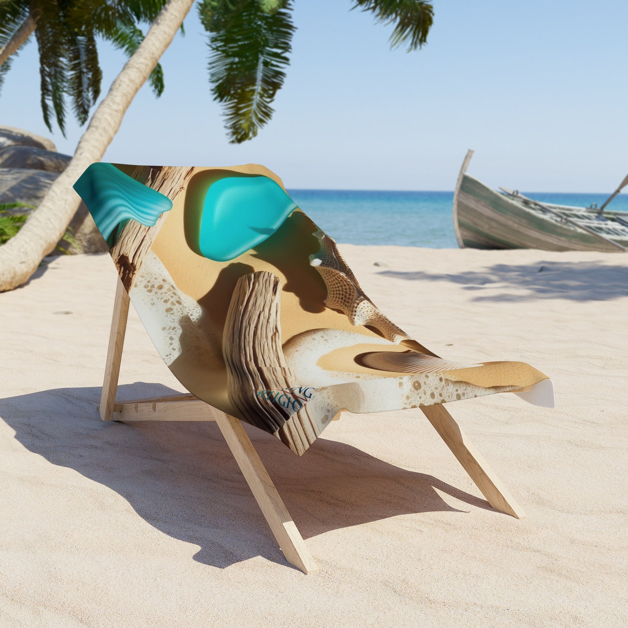 Tropical Beach Towel - Ocean Vibes with Seashells & Driftwood