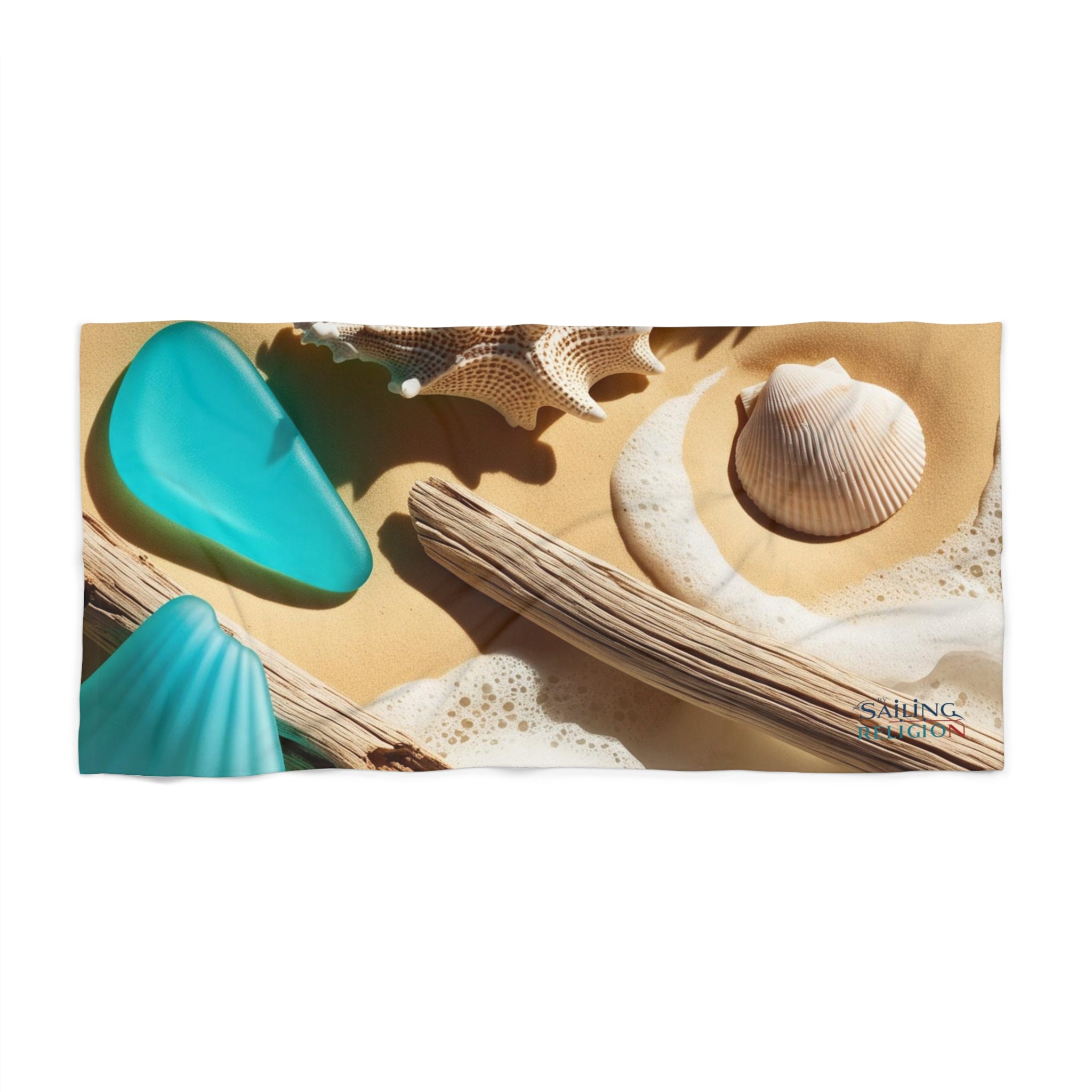 Tropical Beach Towel - Ocean Vibes with Seashells & Driftwood